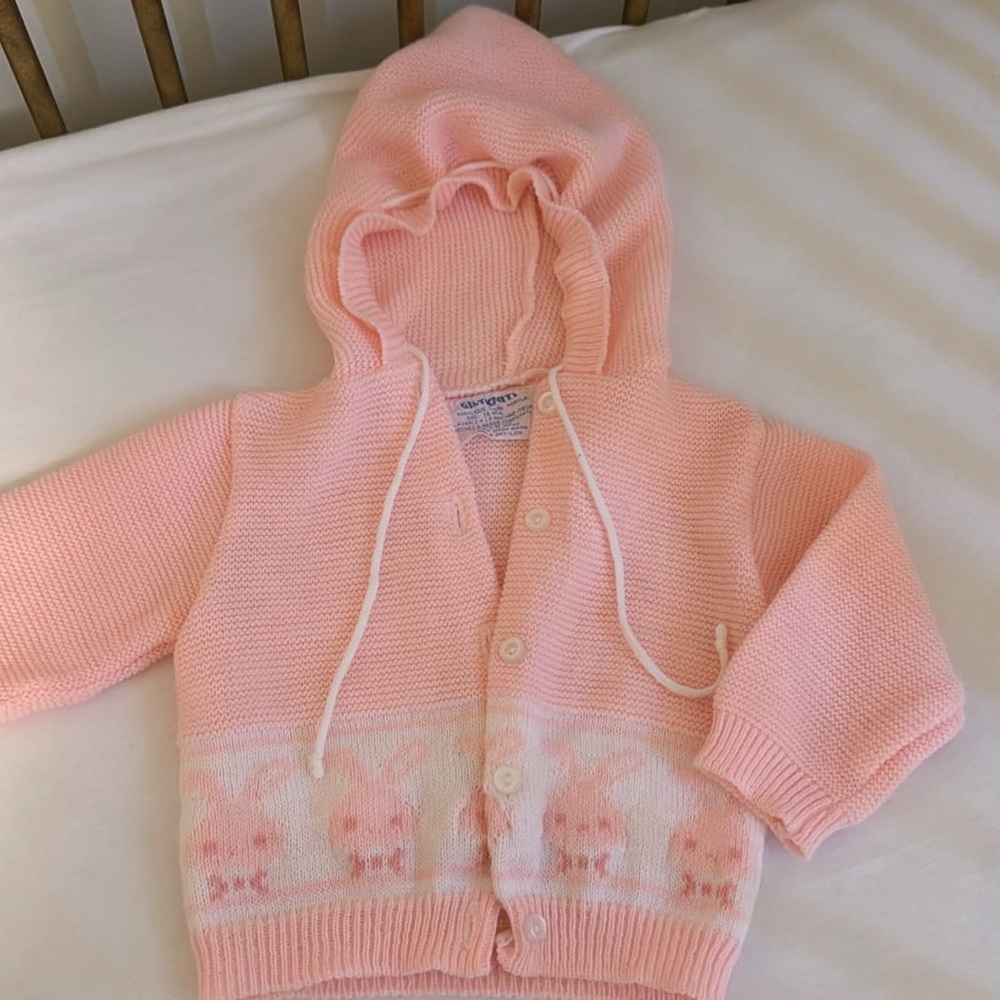 Vintage giltknits pink knit baby sweater hoodie with bunnies